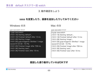 東区フロントエンド勉強会 2015年 第1回
69
http://excode.jp
3. 動作確認をしよう
sass を変更したり、画像を追加したりしてみてください
Windows の方 Mac の方
$ gulp sass:watch
[16:51:18] Starting 'default'...
[16:51:18] Finished 'default' after 13 ms
[16:51:28] Starting 'image'...
[16:51:29] gulp-imagemin: Miniﬁed 1 image
(saved 67.23 kB - 72.7%)
[16:51:29] Finished 'image' after 708 ms
[16:51:36] Starting 'sass'...
[16:51:36] Finished 'sass' after 18 ms
gulp sass:watch タスク
> gulp sass:watch
[16:51:18] Starting 'default'...
[16:51:18] Finished 'default' after 13 ms
[16:51:28] Starting 'image'...
[16:51:29] gulp-imagemin: Miniﬁed 1 image
(saved 67.23 kB - 72.7%)
[16:51:29] Finished 'image' after 708 ms
[16:51:36] Starting 'sass'...
[16:51:36] Finished 'sass' after 18 ms
gulp sass:watch タスク
意図した通り動作していればOKです
第６章　default タスクで一括 watch
 