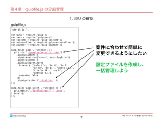 東区フロントエンド勉強会 2015年 第1回
1. 現状の確認
7
'use strict';
var gulp = require('gulp');
var sass = require('gulp-sass');
var csscomb = require('gulp-csscomb');
var autopreﬁxer = require('gulp-autopreﬁxer');
var plumber = require('gulp-plumber');
gulp.task('sass', function () {
gulp.src('./develop/sass/**/*.sass')
.pipe(plumber())
.pipe(sass().on('error', sass.logError))
.pipe(csscomb())
.pipe(autopreﬁxer({
browsers:['safari 5', 'ie 8', 'ie 9',
'ie 10', 'ie 11', 'opera 12.1',
'ﬁrefox 14', 'ios 6',
'android 2.1'],
cascade: false
}))
.pipe(gulp.dest('./html/css'));
});
gulp.task('sass:watch', function () {
gulp.watch('./develop/sass/**/*.sass', ['sass']);
});
gulpﬁle.js
http://excode.jp
第４章　guloﬁle.js の分割管理
案件に合わせて簡単に
変更できるようにしたい
設定ファイルを作成し、
一括管理しよう
 
