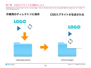 東区フロントエンド勉強会 2015年 第1回
73
http://excode.jp
作業用のディレクトリに保存 CSSスプライトが生成される
./develop/sprite ./html/images
第７章　CSSスプライトを自動化しよう
LOGO
LOGO
※本章の内容は旧プラグイン CSS-Sprite を紹介しておりますが、CSS-Sprite は新版として Sprity という名称で新たに公開されております。Windows 環境でも構築できる Retina対応のCSS スプライト自動化について
は Sprity を用い別資料を用意します。
 