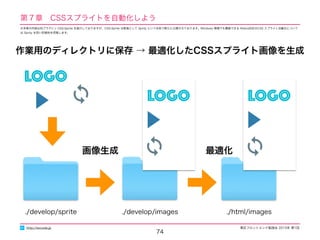 東区フロントエンド勉強会 2015年 第1回
74
http://excode.jp
作業用のディレクトリに保存 → 最適化したCSSスプライト画像を生成
./develop/sprite ./develop/images
第７章　CSSスプライトを自動化しよう
LOGO
LOGO
./html/images
LOGO
画像生成 最適化
※本章の内容は旧プラグイン CSS-Sprite を紹介しておりますが、CSS-Sprite は新版として Sprity という名称で新たに公開されております。Windows 環境でも構築できる Retina対応のCSS スプライト自動化について
は Sprity を用い別資料を用意します。
 