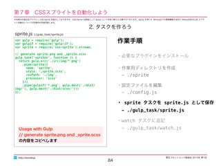 東区フロントエンド勉強会 2015年 第1回
84
http://excode.jp
第７章　CSSスプライトを自動化しよう
2. タスクを作ろう
作業手順
・必要なプラグインをインストール
・作業用ディレクトリを作成
　- ./sprite
・設定ファイルを編集
　- ./conﬁg.js
・ sprite タスクを sprite.js として保存
　- ./gulp_task/sprite.js
・watch タスクに追記
　- ./gulp_task/watch.js
var gulp = require('gulp');
var gulpif = require('gulp-if');
var sprite = require('css-sprite').stream;
// generate sprite.png and _sprite.scss
gulp.task('sprites', function () {
return gulp.src('./src/img/*.png')
.pipe(sprite({
name: 'sprite',
style: '_sprite.scss',
cssPath: './img',
processor: 'scss'
}))
.pipe(gulpif('*.png', gulp.dest('./dist/img/'), gulp.dest('./dist/
scss/')))
});
sprite.js (./gulp_task/sprite.js)
Usage with Gulp  
// generate sprite.png and _sprite.scss
の内容をコピペします
※本章の内容は旧プラグイン CSS-Sprite を紹介しておりますが、CSS-Sprite は新版として Sprity という名称で新たに公開されております。Sprity を用いた Windowsでの環境構築も含めた Retina対応のCSS スプラ
イト自動化についての別資料を別途用意します。
 