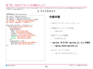 東区フロントエンド勉強会 2015年 第1回
85
http://excode.jp
第７章　CSSスプライトを自動化しよう
2. タスクを作ろう
var gulp = require('gulp');
var gulpif = require('gulp-if');
var sprite = require('css-sprite').stream;
var plumber = require('gulp-plumber');
var conf = require('../conﬁg');
gulp.task('sprites', function () {
return gulp.src(conf.sprite.src)
.pipe(plumber())
.pipe(sprite({
name: conf.sprite.name,
style: conf.sprite.style,
cssPath: conf.sprite.cssPath,
processor: conf.sprite.processor,
retina: conf.sprite.retina,
preﬁx: conf.sprite.preﬁx,
}))
.pipe(gulpif('*.png',
gulp.dest(conf.sprite.spriteDest),
gulp.dest(conf.sprite.sass)));
});
作業手順
・必要なプラグインをインストール
・作業用ディレクトリを作成
　- ./sprite
・設定ファイルを編集
　- ./conﬁg.js
・ sprite タスクを sprite.js として保存
　- ./gulp_task/sprite.js
・watch タスクに追記
　- ./gulp_task/watch.js
sprite.js (./gulp_task/sprite.js)
※本章の内容は旧プラグイン CSS-Sprite を紹介しておりますが、CSS-Sprite は新版として Sprity という名称で新たに公開されております。Sprity を用いた Windowsでの環境構築も含めた Retina対応のCSS スプラ
イト自動化についての別資料を別途用意します。
 