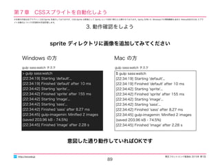 東区フロントエンド勉強会 2015年 第1回
89
http://excode.jp
3. 動作確認をしよう
sprite ディレクトリに画像を追加してみてください
Windows の方 Mac の方
$ gulp sass:watch
[22:34:19] Starting 'default'...
[22:34:19] Finished 'default' after 10 ms
[22:34:42] Starting 'sprite'...
[22:34:42] Finished 'sprite' after 155 ms
[22:34:42] Starting 'image'...
[22:34:42] Starting 'sass'...
[22:34:42] Finished 'sass' after 8.27 ms
[22:34:45] gulp-imagemin: Miniﬁed 2 images
(saved 203.96 kB - 74.5%)
[22:34:45] Finished 'image' after 2.28 s
gulp sass:watch タスク
> gulp sass:watch
[22:34:19] Starting 'default'...
[22:34:19] Finished 'default' after 10 ms
[22:34:42] Starting 'sprite'...
[22:34:42] Finished 'sprite' after 155 ms
[22:34:42] Starting 'image'...
[22:34:42] Starting 'sass'...
[22:34:42] Finished 'sass' after 8.27 ms
[22:34:45] gulp-imagemin: Miniﬁed 2 images
(saved 203.96 kB - 74.5%)
[22:34:45] Finished 'image' after 2.28 s
gulp sass:watch タスク
意図した通り動作していればOKです
第７章　CSSスプライトを自動化しよう
※本章の内容は旧プラグイン CSS-Sprite を紹介しておりますが、CSS-Sprite は新版として Sprity という名称で新たに公開されております。Sprity を用いた Windowsでの環境構築も含めた Retina対応のCSS スプラ
イト自動化についての別資料を別途用意します。
 