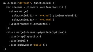 gulp.task('default', function(cb) {
var streams = elements.map(function(el) {
return merge(
gulp.src(el.dir + '/**.md').pipe(markdown()),
gulp.src(el.dir + '/**.html')
).pipe(rename(el.renamefn));
});
return merge(streams).pipe(data(options))
.pipe(wrap(layoutStr))
.pipe(swig())
.pipe(gulp.dest('build'));
});
 