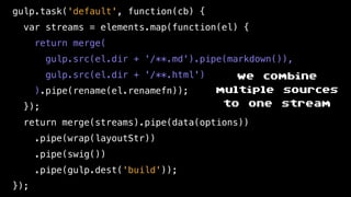 gulp.task('default', function(cb) {
var streams = elements.map(function(el) {
return merge(
gulp.src(el.dir + '/**.md').pipe(markdown()),
gulp.src(el.dir + '/**.html')
).pipe(rename(el.renamefn));
});
return merge(streams).pipe(data(options))
.pipe(wrap(layoutStr))
.pipe(swig())
.pipe(gulp.dest('build'));
});
we combine
multiple sources
to one stream
 