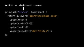 gulp.task('styles', function() {
return gulp.src('app/styles/main.less')
.pipe(less())
.pipe(minifyCSS())
.pipe(prefix())
.pipe(gulp.dest('dist/styles'));
});
with a defined name
 