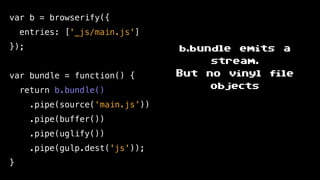 var b = browserify({
entries: ['_js/main.js']
});
var bundle = function() {
return b.bundle()
.pipe(source(‘main.js’))
.pipe(buffer())
.pipe(uglify())
.pipe(gulp.dest('js'));
}
b.bundle emits a
stream.
But no vinyl file
objects
 