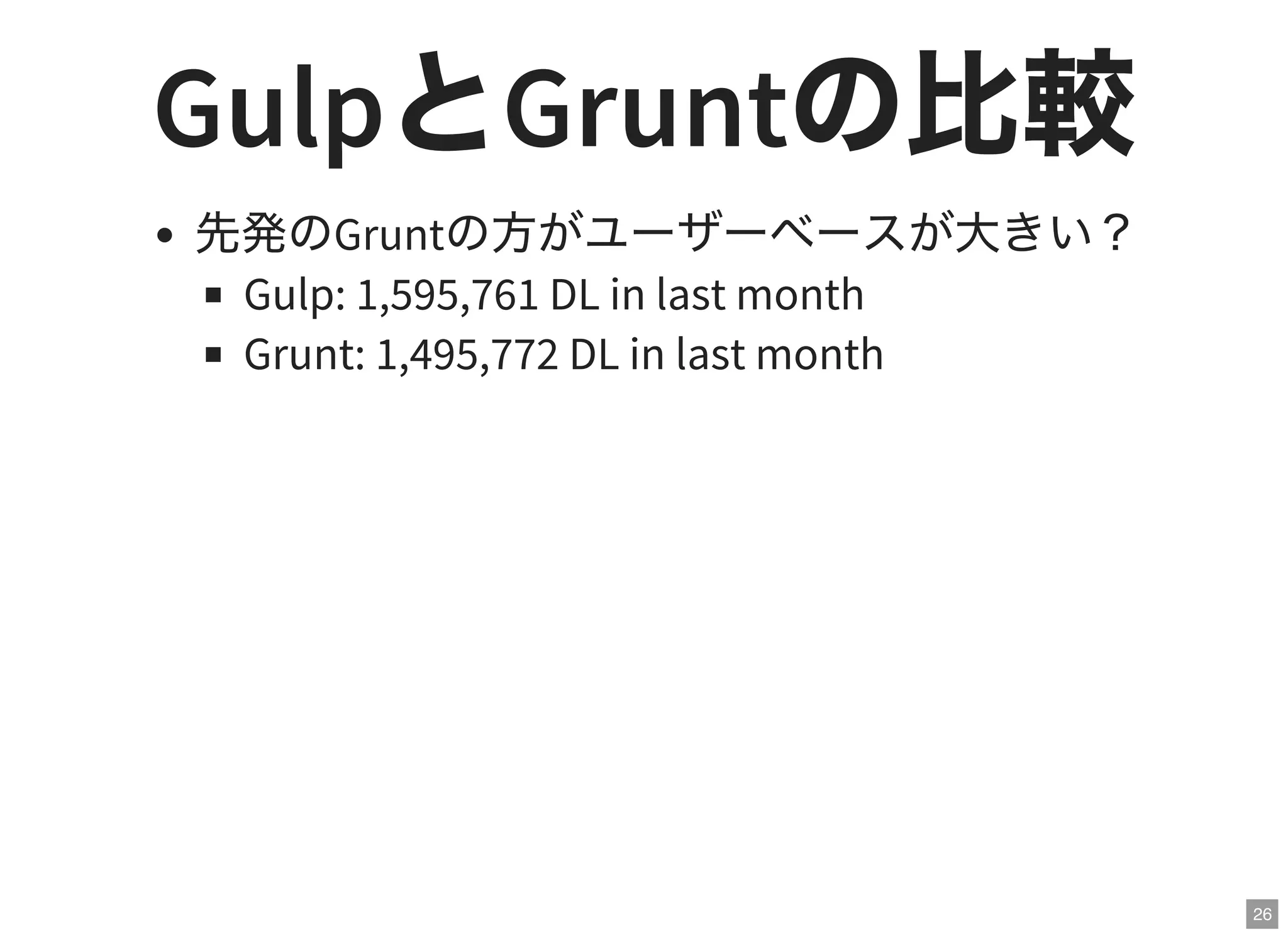 26
GulpとGruntの比較先発のGruntの方がユーザーベースが大きい？
Gulp: 1,595,761 DL in last month
Grunt: 1,495,772 DL in last month
 