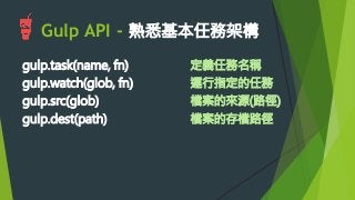 Gulp API - 熟悉基本任務架構

gulp.task(name, fn) 
gulp.watch(glob, fn) 
gulp.src(glob) 
gulp.dest(path) 
定義任務名稱
運行指定的任務
檔案的來源(路徑)
檔案的存檔路徑
 