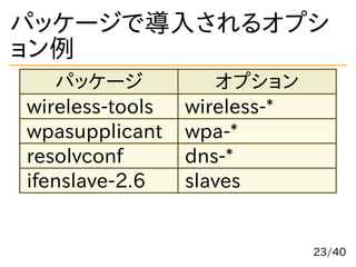 パッケージで導入されるオプシ
ョン例
パッケージ オプション
wireless-tools wireless-*
wpasupplicant wpa-*
resolvconf dns-*
ifenslave-2.6 slaves
23/40
 