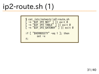 ip2-route.sh (1)
% cat /etc/network/ip2-route.sh
[ -n "$IF_IP2_NET" ] || exit 0
[ -n "$IF_IP2_TABLE" ] || exit 0
[ -n "$IF...