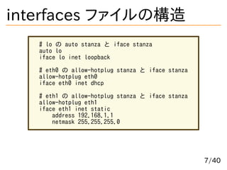 interfaces ファイルの構造
# lo の auto stanza と iface stanza
auto lo
iface lo inet loopback
# eth0 の allow-hotplug stanza と iface ...