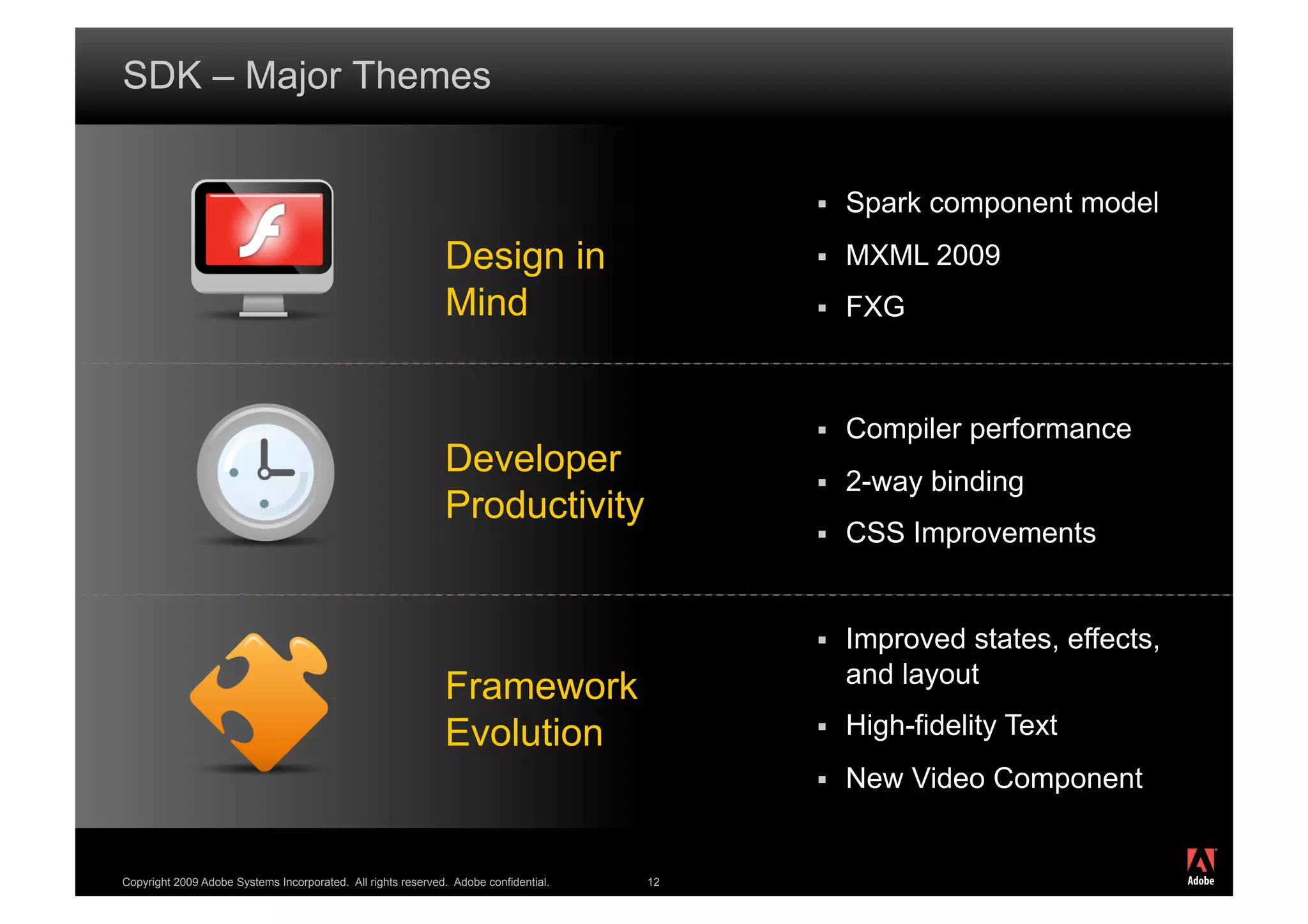 SDK – Major Themes


                                                                                               Spark component model
                                                              Design in                        MXML 2009
                                                              Mind                             FXG



                                                                                               Compiler performance
                                                              Developer
                                                                                               2-way binding
                                                              Productivity
                                                                                               CSS Improvements


                                                                                               Improved states, effects,
                                                                                                and layout
                                                              Framework
                                                              Evolution                        High-fidelity Text
                                                                                               New Video Component

                                                                                                                            ®




Copyright 2009 Adobe Systems Incorporated. All rights reserved. Adobe confidential.   12
 