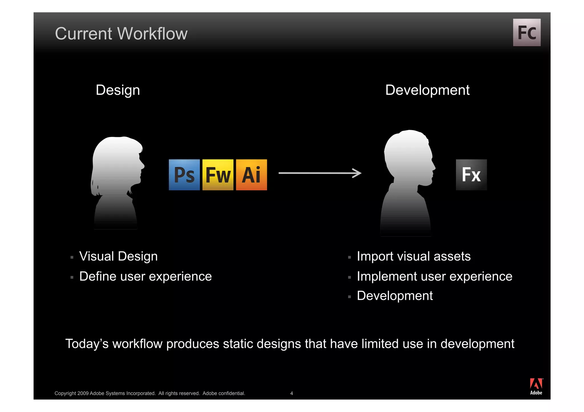 Current Workflow


                 Design                                                                            Development




          Visual Design                                                                      Import visual assets
          Define user experience                                                             Implement user experience
                                                                                              Development


    Today’s workflow produces static designs that have limited use in development

                                                                                                                           ®




Copyright 2009 Adobe Systems Incorporated. All rights reserved. Adobe confidential.   4
 