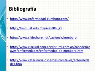 Bibliografía
• http://www.enfermedad-gumboro.com/

• http://fmvz.uat.edu.mx/aves/#bug1

• http://www.slideshare.net/casfonck/gumboro

• http://www.viarural.com.ar/viarural.com.ar/ganaderia/
  aves/enfermedades/enfermedad-de-gumboro.htm

• http://www.veterinarialosheroes.com/aves/enfermeda
  des.htm
 
