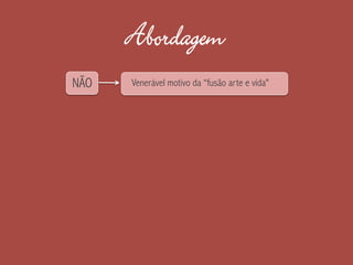 Abordagem
NÃO Venerável motivo da “fusão arte e vida"
 