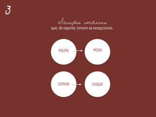 3
Situações cotidianas
que, de repente, tornam-se excepcionais.
ROUPA MODA
COMIDA CHIQUE
 