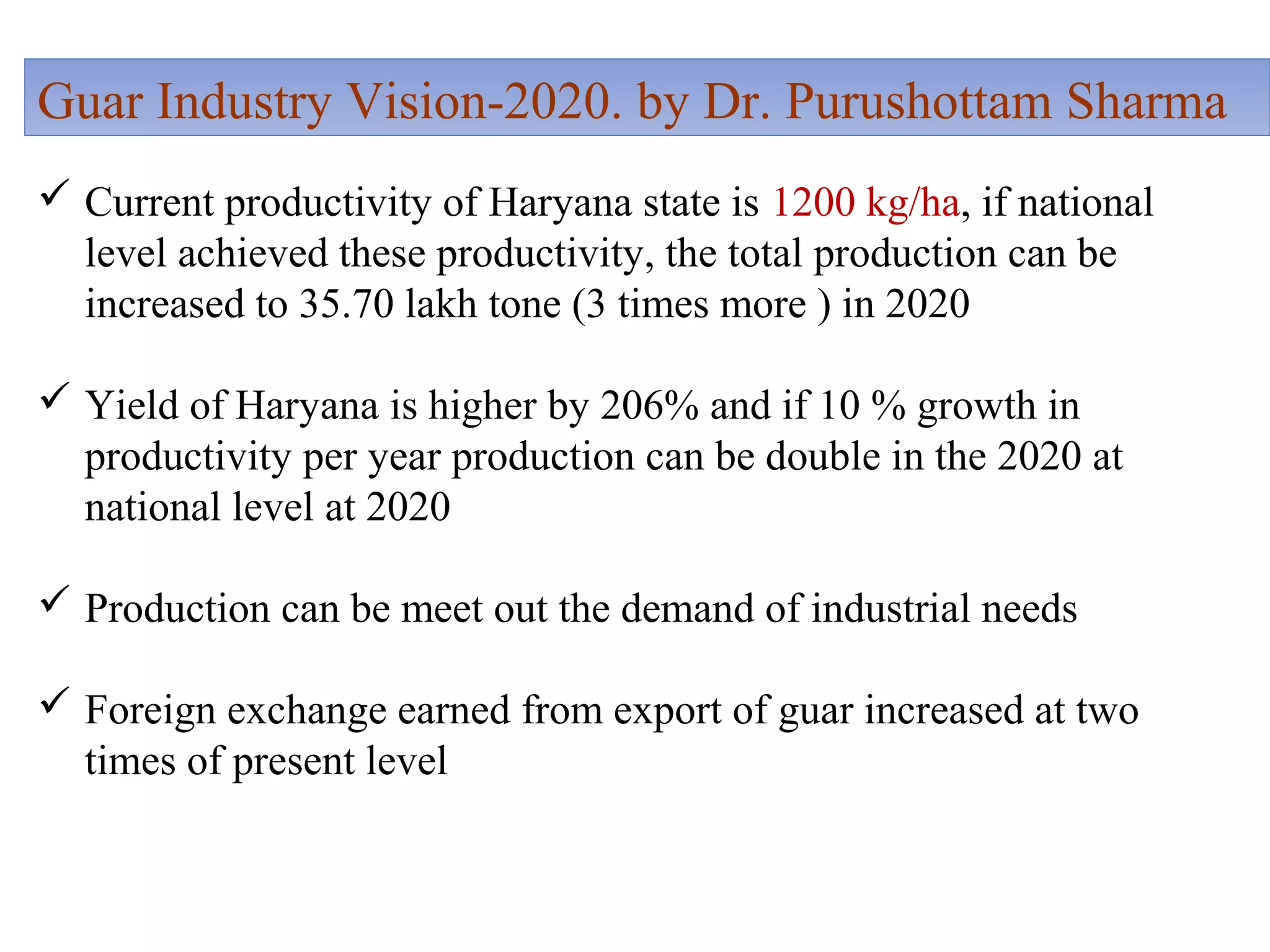 Guar Industry Vision-2020. by Dr. Purushottam Sharma
 Current productivity of Haryana state is 1200 kg/ha, if national
level achieved these productivity, the total production can be
increased to 35.70 lakh tone (3 times more ) in 2020
 Yield of Haryana is higher by 206% and if 10 % growth in
productivity per year production can be double in the 2020 at
national level at 2020
 Production can be meet out the demand of industrial needs
 Foreign exchange earned from export of guar increased at two
times of present level
 