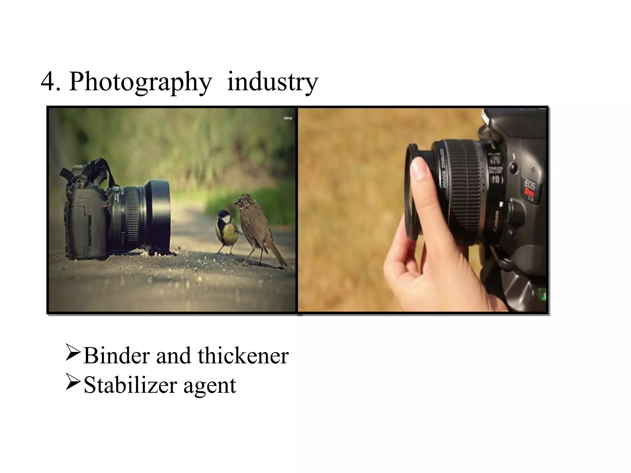 4. Photography industry
Binder and thickener
Stabilizer agent
 