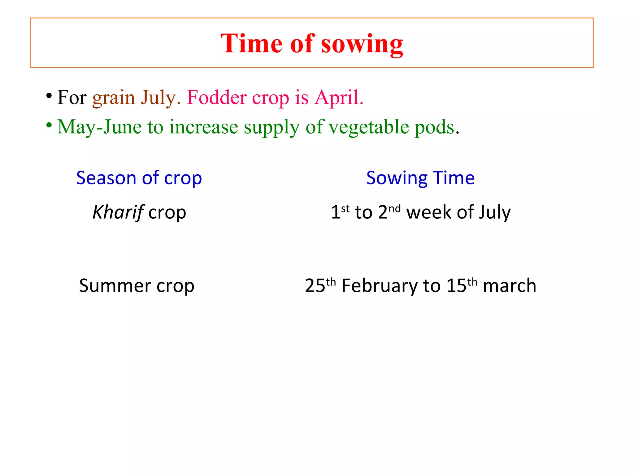 Time of sowing
• For grain July. Fodder crop is April.
• May-June to increase supply of vegetable pods.
Season of crop Sowing Time
Kharif crop 1st
to 2nd
week of July
Summer crop 25th
February to 15th
march
 
