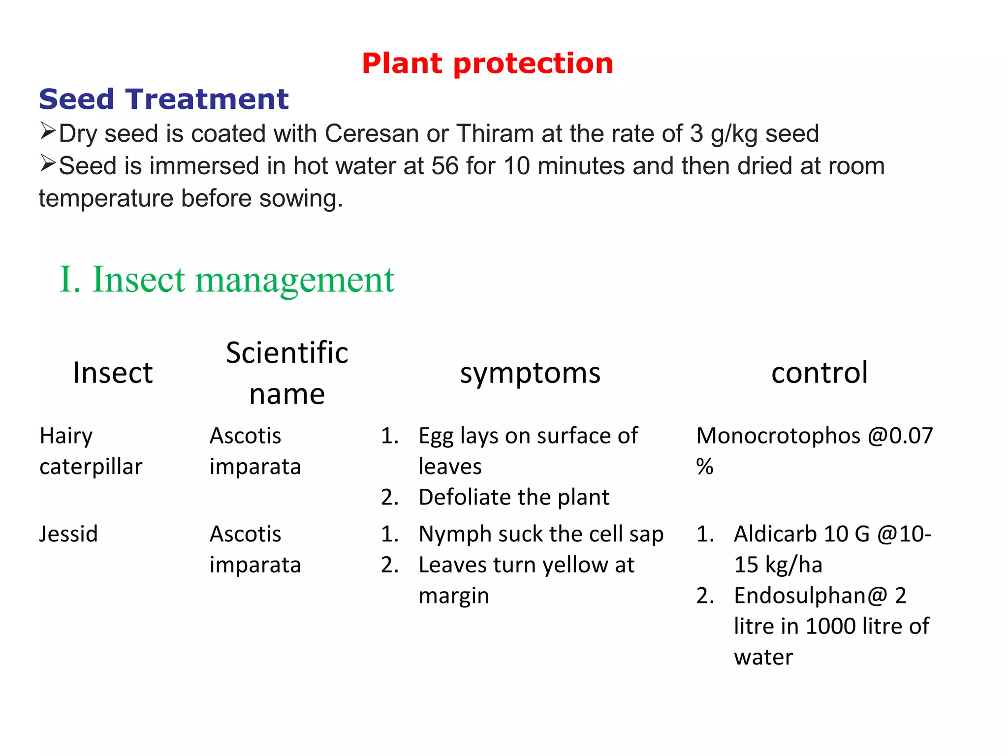 I. Insect management
Plant protection
Seed Treatment
Dry seed is coated with Ceresan or Thiram at the rate of 3 g/kg seed
Seed is immersed in hot water at 56 for 10 minutes and then dried at room
temperature before sowing.
Insect
Scientific
name
symptoms control
Hairy
caterpillar
Ascotis
imparata
1. Egg lays on surface of
leaves
2. Defoliate the plant
Monocrotophos @0.07
%
Jessid Ascotis
imparata
1. Nymph suck the cell sap
2. Leaves turn yellow at
margin
1. Aldicarb 10 G @10-
15 kg/ha
2. Endosulphan@ 2
litre in 1000 litre of
water
 