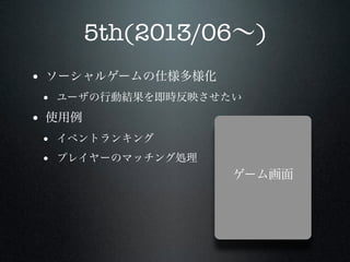 5th(2013/06∼)
• ソーシャルゲームの仕様多様化
• ユーザの行動結果を即時反映させたい

• 使用例
• イベントランキング
• プレイヤーのマッチング処理
ゲーム画面

 