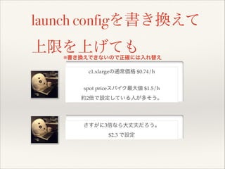 launch configを書き換えて
上限を上げても
※書き換えできないので正確には入れ替え
c1.xlargeの通常価格 $0.74/h!

!
spot priceスパイク最大値 $1.5/h!
約2倍で設定している人が多そう。

さすがに3倍なら大丈夫だろう。!
$2.3 で設定

 