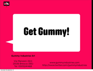 7




                                Get Gummy!
                    Gummy Industries Srl

                        Via Manzoni 22/c
                                                   www.gummyindustries.com
                       25126 Brescia (BS)
                                            http://www.twitter.com/gummyindustries
                        Tel. 0305241468
mercoledì 26 settembre 12
 
