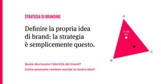 STRATEGIA DI BRANDING                               A



Deinire la propria idea                             TU SEI


di brand: la strategia
                                                     QUI




è semplicemente questo.
                                                             C

                                                B
Quale dev’essere l’identità del brand?
Come possiamo rendere sociale la nostra idea?
 