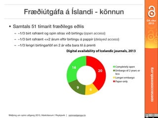 Fræðiútgáfa á Íslandi - könnun
• Samtals 51 tímarit fræðilegs eðlis

OA vika
2013

– ~1/3 birt rafrænt og opin strax við birtingu (open access)
– ~1/3 birt rafrænt <=2 árum eftir birtingu á pappír (delayed access)

openaccessweek.org

– ~1/3 lengri birtingartöf en 2 ár eða bara til á prenti

Málþing um opinn aðgang 2013, Háskólanum í Reykjavík | opinnadgangur.is

 