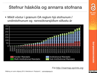 Stefnur háskóla og annarra stofnana
OA vika
2013

openaccessweek.org

• Mikill vöxtur í grænum OA reglum hjá stofnunum /
undirstofnunum og rannsóknarsjóðum síðustu ár

Frá http://roarmap.eprints.org
Málþing um opinn aðgang 2013, Háskólanum í Reykjavík | opinnadgangur.is

 