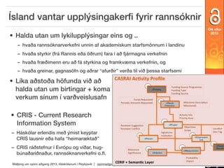 Ísland vantar upplýsingakerﬁ fyrir rannsóknir
• Halda utan um lykilupplýsingar eins og ..

OA vika
2013

– hvaða rannsóknarverkefni unnin af akademískum starfsmönnum í landinu
– hvaða styrkir (frá Rannís eða öðrum) fara í að fjármagna verkefnin
– hvaða fræðimenn eru að fá styrkina og framkvæma verkefnin, og

• Líka aðstoða höfunda við að
halda utan um birtingar + koma
verkum sínum í varðveislusafn
• CRIS - Current Research
Information System
– Háskólar erlendis með ýmist keyptar
CRIS lausnir eða hafa “heimaræktað”
– CRIS ráðstefnur í Evrópu og víðar, hugbúnaðariðnaður, rannsóknarverkefni o.ﬂ.
Málþing um opinn aðgang 2013, Háskólanum í Reykjavík | opinnadgangur.is

openaccessweek.org

– hvaða greinar, gagnasöfn og aðrar “afurðir” verða til við þessa starfsemi

 