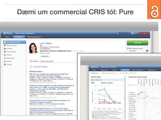 Dæmi um commercial CRIS tól: Pure

openaccessweek.org

OA vika
2013

Málþing um opinn aðgang 2013, Háskólanum í Reykjavík | opinnadgangur.is

 