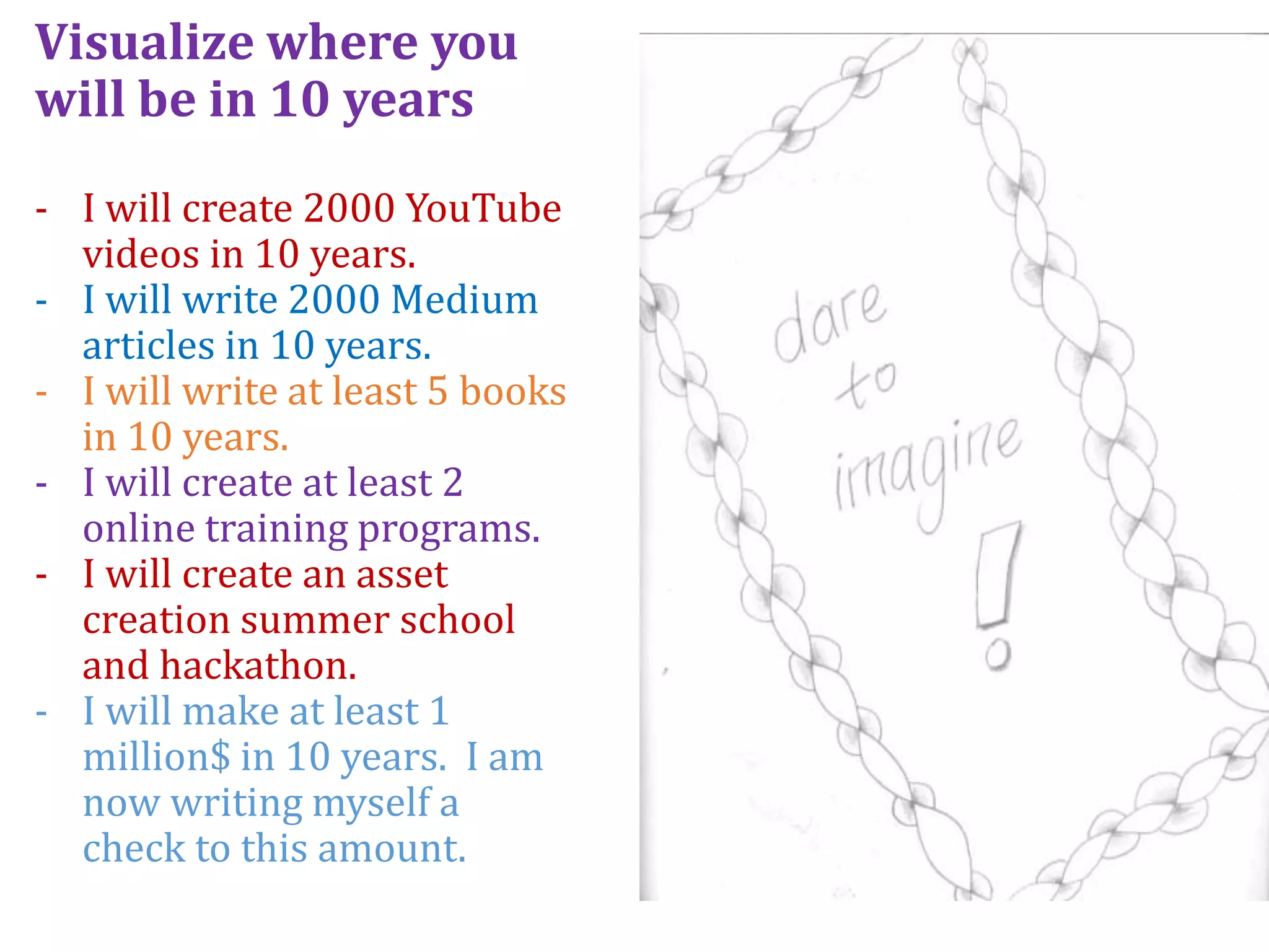 Visualize where you
will be in 10 years
- I will create 2000 YouTube
videos in 10 years.
- I will write 2000 Medium
articles in 10 years.
- I will write at least 5 books
in 10 years.
- I will create at least 2
online training programs.
- I will create an asset
creation summer school
and hackathon.
- I will make at least 1
million$ in 10 years. I am
now writing myself a
check to this amount.
 