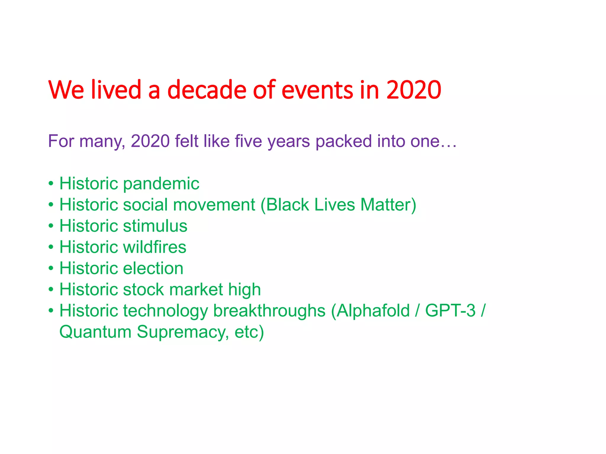 We lived a decade of events in 2020
For many, 2020 felt like five years packed into one…
• Historic pandemic
• Historic social movement (Black Lives Matter)
• Historic stimulus
• Historic wildfires
• Historic election
• Historic stock market high
• Historic technology breakthroughs (Alphafold / GPT-3 /
Quantum Supremacy, etc)
 