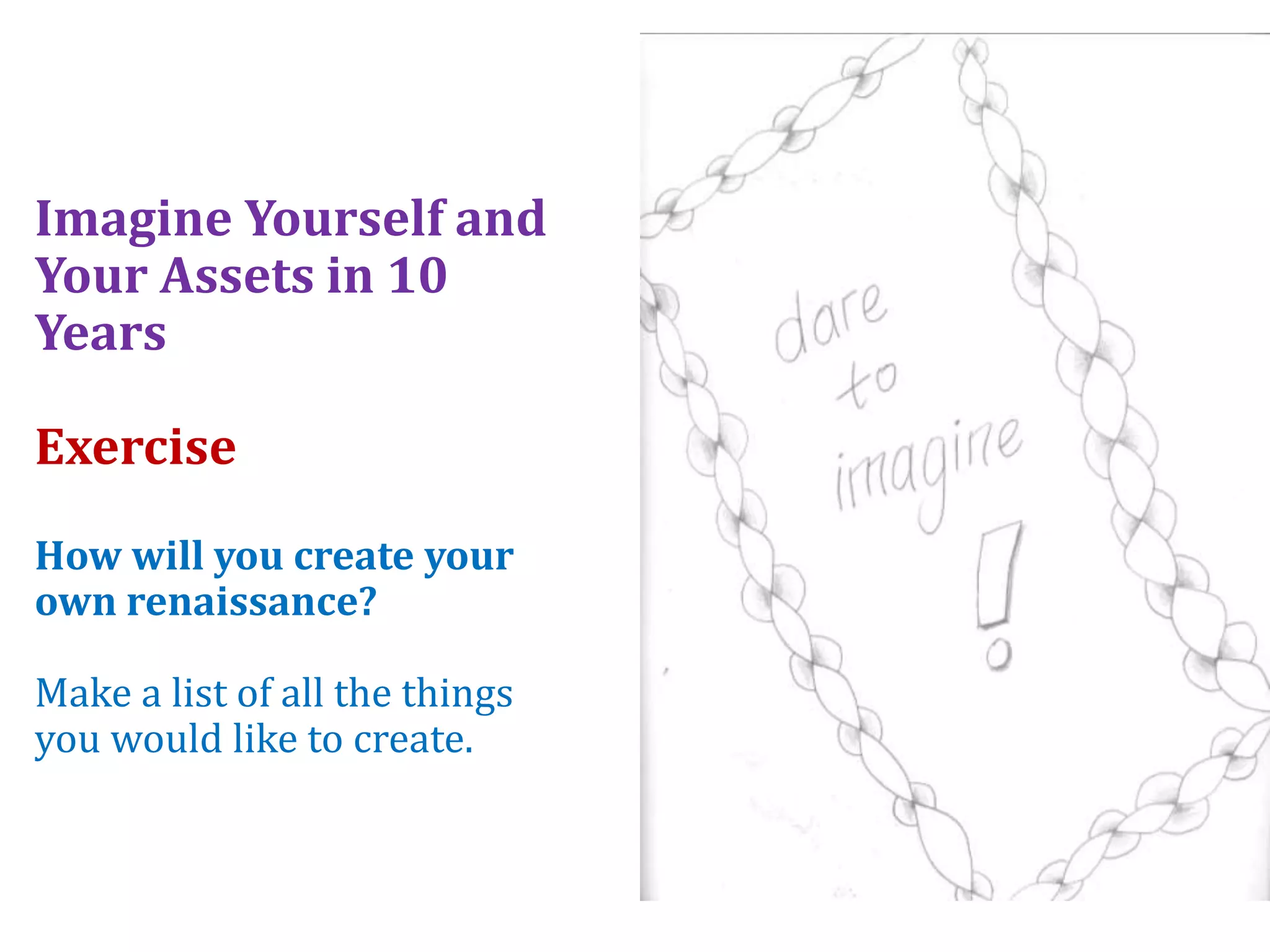 Imagine Yourself and
Your Assets in 10
Years
Exercise
How will you create your
own renaissance?
Make a list of all the things
you would like to create.
 