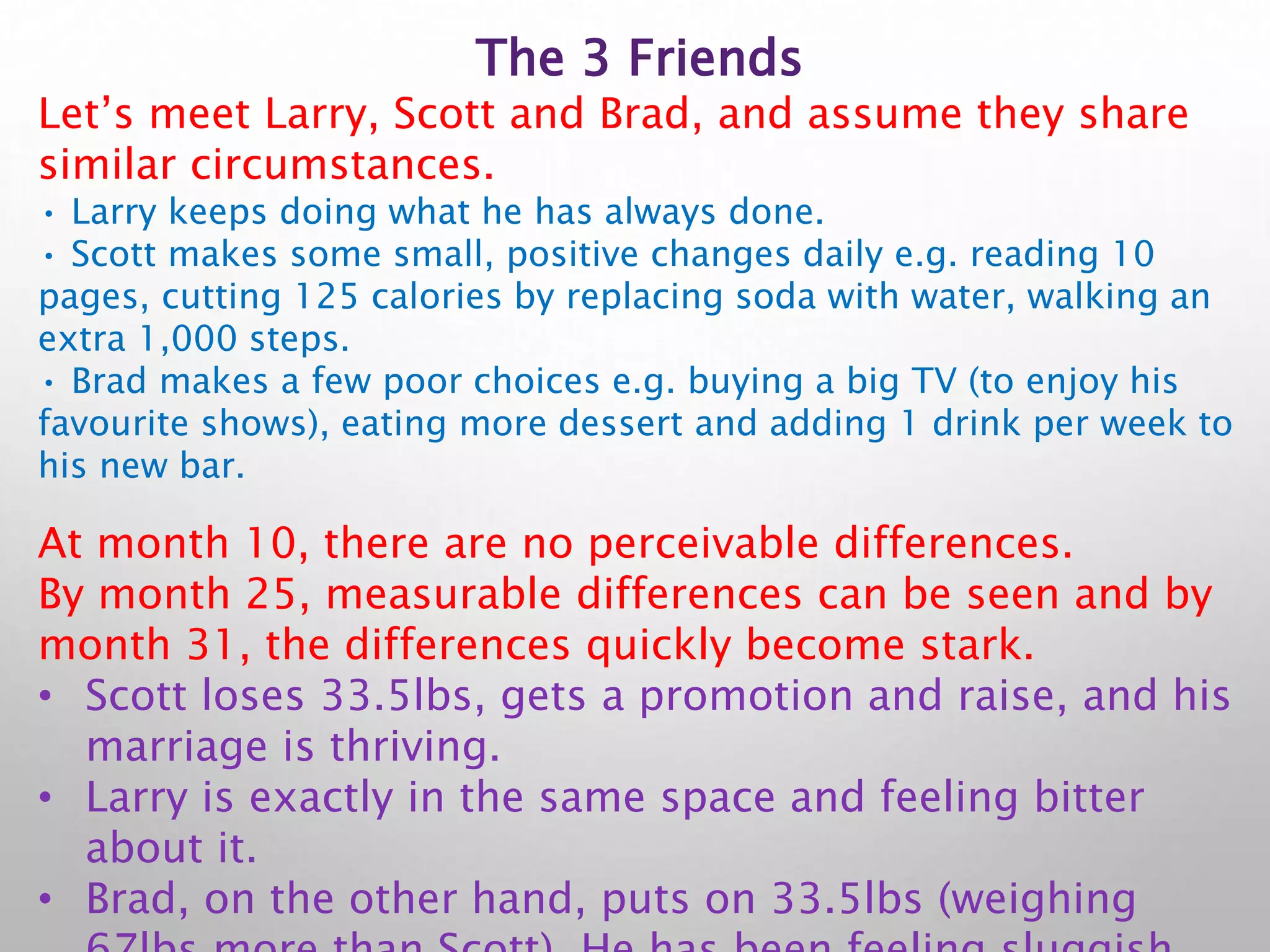The 3 Friends
Let’s meet Larry, Scott and Brad, and assume they share
similar circumstances.
• Larry keeps doing what he has always done.
• Scott makes some small, positive changes daily e.g. reading 10
pages, cutting 125 calories by replacing soda with water, walking an
extra 1,000 steps.
• Brad makes a few poor choices e.g. buying a big TV (to enjoy his
favourite shows), eating more dessert and adding 1 drink per week to
his new bar.
At month 10, there are no perceivable differences.
By month 25, measurable differences can be seen and by
month 31, the differences quickly become stark.
• Scott loses 33.5lbs, gets a promotion and raise, and his
marriage is thriving.
• Larry is exactly in the same space and feeling bitter
about it.
• Brad, on the other hand, puts on 33.5lbs (weighing
 