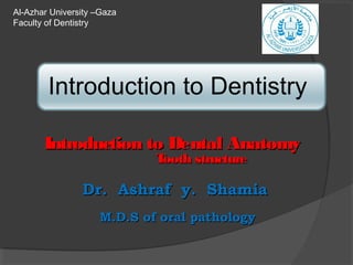Introduction to Dental AnatomyIntroduction to Dental Anatomy
Tooth structureTooth structure
Dr. Ashraf y. ShamiaDr. Ashraf y. Shamia
M.D.S of oral pathologyM.D.S of oral pathology
Al-Azhar University –Gaza
Faculty of Dentistry
 
