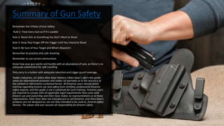 Summary of Gun Safety
Remember the 4 Rules of Gun Safety:
Rule 1: Treat Every Gun as If It's Loaded
Rule 2: Never Aim at Something You Don't Want to Shoot
Rule 3: Keep Your Finger Off the Trigger Until You Intend to Shoot
Rule 4: Be Sure of Your Target and What's Beyond It
Remember to practice only safe shooting.
Remember to use correct ammunition.
Know how your gun works and handle with an abundance of care, as there is no
adequate substitution for safe handling.
Only carry in a holster with adequate retention and trigger guard coverage.
Tedder Industries, LLC d/b/a Alien Gear Holsters ('Alien Gear') offers this guide
solely for informational purposes and makes no warranty as to the accuracy of
the content or information contained herein. All firearms users should obtain
training regarding firearm use and safety from certified, professional firearms
safety experts, and this guide is not a substitute for such training. Firearms users
are required to comply with all applicable legal requirements that come with
firearm use and ownership and Alien Gear makes no representations as to those
requirements. Alien Gear does not manufacture or sell firearms, and Alien Gear's
products are not designed as, nor are they intended to be used as, firearm safety
devices. The owner and user assume all responsibility for firearm safety.
 