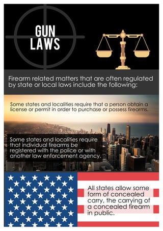 Gun
Laws
Some states and localities require that a person obtain a
license or permit in order to purchase or possess firearms.
Firearm related matters that are often regulated
by state or local laws include the following:
Some states and localities require
that individual firearms be
registered with the police or with
another law enforcement agency.
All states allow some
form of concealed
carry, the carrying of
a concealed firearm
in public.
 
