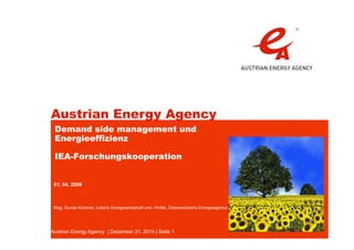 Austrian Energy Agency
Austrian Energy Agency | December 21, 2014 | Seite 1
Demand side management und
Energieeffizienz
IEA-Forschungskooperation
Mag. Gunda Kirchner, Leiterin Energiewirtschaft und –Politik, Österreichische Energieagentur
01. 04. 2009
 