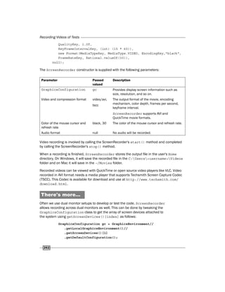 Recording Videos of Tests
262
QualityKey, 1.0f,
KeyFrameIntervalKey, (int) (15 * 60)),
new Format(MediaTypeKey, MediaType.VIDEO, EncodingKey,"black",
FrameRateKey, Rational.valueOf(30)),
null);
The ScreenRecorder constructor is supplied with the following parameters:
Parameter Passed
valued
Description
GraphicsConfiguration gc Provides display screen information such as
size, resolution, and so on.
Video and compression format video/avi,
tscc
The output format of the movie, encoding
mechanism, color depth, frames per second,
keyframe interval.
ScreenRecorder supports AVI and
QuickTime movie formats.
Color of the mouse cursor and
refresh rate
black, 30 The color of the mouse cursor and refresh rate.
Audio format null No audio will be recorded.
Video recording is invoked by calling the ScreenRecorder's start() method and completed
by calling the ScreenRecorder's stop() method.
When a recording is finished, ScreenRecorder stores the output file in the user's Home
directory. On Windows, it will save the recorded file in the C:Users<username>Videos
folder and on Mac it will save in the ~/Movies folder.
Recorded videos can be viewed with QuickTime or open source video players like VLC. Video
recorded in AVI format needs a media player that supports Techsmith Screen Capture Codec
(TSCC). This Codec is available for download and use at http://www.techsmith.com/
download.html.
There's more...
Often we use dual monitor setups to develop or test the code. ScreenRecorder
allows recording across dual monitors as well. This can be done by tweaking the
GraphicsConfiguration class to get the array of screen devices attached to
the system using getScreenDevices()[index] as follows:
GraphicsConfiguration gc = GraphicsEnvironment//
.getLocalGraphicsEnvironment()//
.getScreenDevices()[1]
.getDefaultConfiguration();
 
