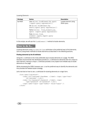 Locating Elements
16
Strategy Syntax Description
By XPath Java: driver.findElement(By.xpath
(<xpath query expression>))
C#: driver.FindElement(By.
XPath(<xpath query expression>))
Python: driver. find_elements_by_
xpath (<xpath query expression>)
Ruby: driver.find_
element(:xpath,<xpath query
expression>)
Locates element using
XPath query
In this recipe, we will use the findElement() method to locate elements.
How to do it...
Locating elements using id, name, or class attributes is the preferred way to find elements.
Let's try using these methods to locate elements as described in the following sections.
Finding elements by the ID attribute
Using the id attribute is the most preferable way to locate elements on a page. The W3C
standard recommends that developers provide an id attribute for elements that are unique to
each element. Having a unique id attribute provides a very explicit and reliable way to locate
elements on the page.
While processing the DOM, browsers use id as the preferred way to identify the elements and
this provides the fastest locator strategy.
Let's now look at how to use id attributes for locating elements on a login form.
<form name="loginForm">
<label for="username">UserName: </label> <input type="text"
id="username" /><br/>
<label for="password">Password: </label> <input
type="password" id="password" /><br/>
<input name="login" type="submit" value="Login" />
</form>
 