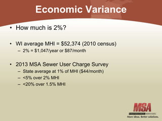 Economic Variance
• How much is 2%?
• WI average MHI = $52,374 (2010 census)
– 2% = $1,047/year or $87/month
• 2013 MSA Sewer User Charge Survey
– State average at 1% of MHI ($44/month)
– <5% over 2% MHI
– <20% over 1.5% MHI
 