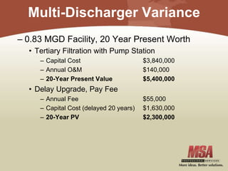 Multi-Discharger Variance
– 0.83 MGD Facility, 20 Year Present Worth
• Tertiary Filtration with Pump Station
– Capital Cost $3,840,000
– Annual O&M $140,000
– 20-Year Present Value $5,400,000
• Delay Upgrade, Pay Fee
– Annual Fee $55,000
– Capital Cost (delayed 20 years) $1,630,000
– 20-Year PV $2,300,000
 
