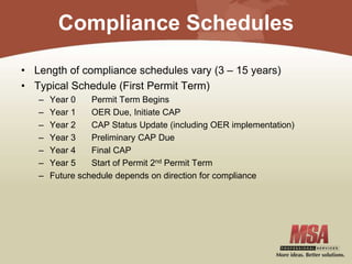 Compliance Schedules
• Length of compliance schedules vary (3 – 15 years)
• Typical Schedule (First Permit Term)
– Year 0 Permit Term Begins
– Year 1 OER Due, Initiate CAP
– Year 2 CAP Status Update (including OER implementation)
– Year 3 Preliminary CAP Due
– Year 4 Final CAP
– Year 5 Start of Permit 2nd Permit Term
– Future schedule depends on direction for compliance
 
