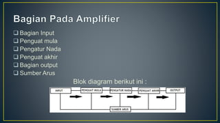  Bagian Input
 Penguat mula
 Pengatur Nada
 Penguat akhir
 Bagian output
 Sumber Arus
Blok diagram berikut ini :
 