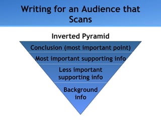 Writing for an Audience that Scans Inverted Pyramid Conclusion (most important point) Most important supporting info Less important supporting info Background info 