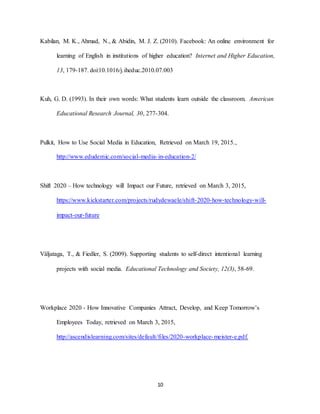 10
Kabilan, M. K., Ahmad, N., & Abidin, M. J. Z. (2010). Facebook: An online environment for
learning of English in institutions of higher education? Internet and Higher Education,
13, 179-187. doi:10.1016/j.iheduc.2010.07.003
Kuh, G. D. (1993). In their own words: What students learn outside the classroom. American
Educational Research Journal, 30, 277-304.
Pulkit, How to Use Social Media in Education, Retrieved on March 19, 2015.,
http://www.edudemic.com/social-media-in-education-2/
Shift 2020 – How technology will Impact our Future, retrieved on March 3, 2015,
https://www.kickstarter.com/projects/rudydewaele/shift-2020-how-technology-will-
impact-our-future
Väljataga, T., & Fiedler, S. (2009). Supporting students to self-direct intentional learning
projects with social media. Educational Technology and Society, 12(3), 58-69.
Workplace 2020 - How Innovative Companies Attract, Develop, and Keep Tomorrow’s
Employees Today, retrieved on March 3, 2015,
http://ascendislearning.com/sites/default/files/2020-workplace-meister-e.pdf.
 