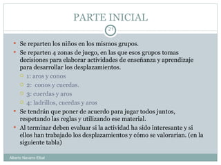 PARTE INICIAL Se reparten los niños en los mismos grupos.  Se reparten 4 zonas de juego, en las que esos grupos tomas decisiones para elaborar actividades de enseñanza y aprendizaje para desarrollar los desplazamientos. 1: aros y conos 2:  conos y cuerdas. 3: cuerdas y aros 4: ladrillos, cuerdas y aros Se tendrán que poner de acuerdo para jugar todos juntos, respetando las reglas y utilizando ese material.  Al terminar deben evaluar si la actividad ha sido interesante y si ellos han trabajado los desplazamientos y cómo se valorarían. (en la siguiente tabla) Alberto Navarro Elbal 